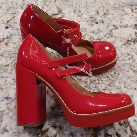 STEVE MADDEN Twice Mary Jane Block Heel Size Multi Sizes Red Vegan Patent